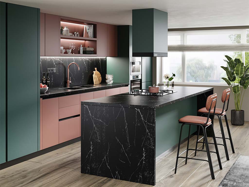 Kitchen with Island Army Green and Pink