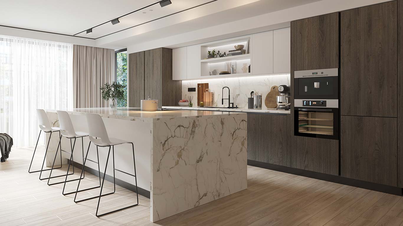 Kitchen with Island Wooden and White Marble Countetop