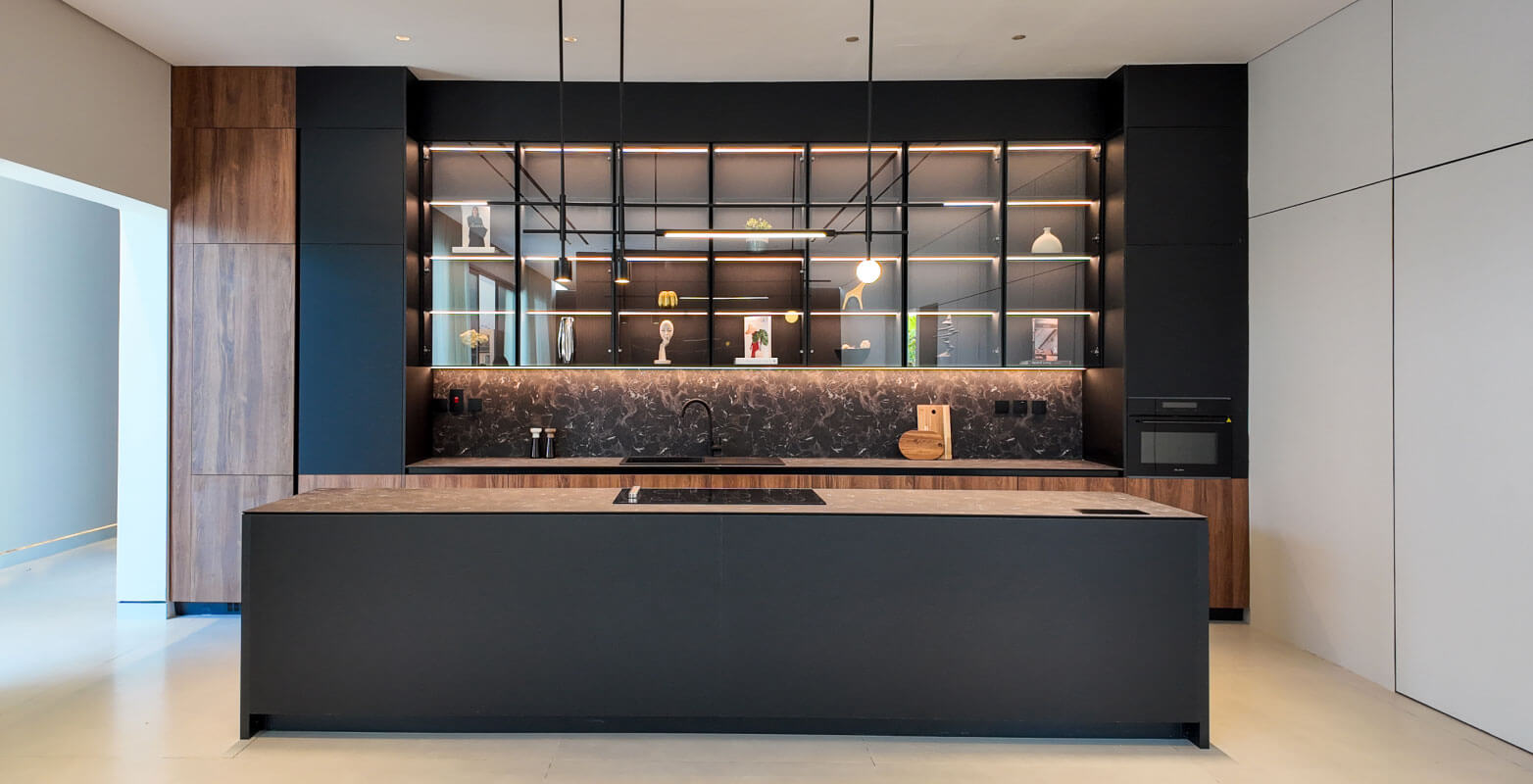 Black and Wood Kitchen with Glass Cabinet